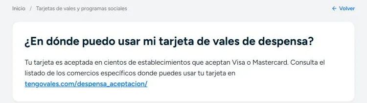 Captura de la Central de Ayuda de Broxel confirmando los comercios donde se acepta la tarjeta