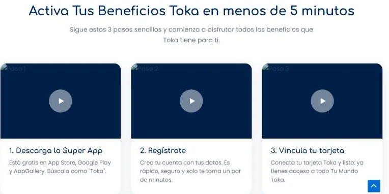 Captura de la web oficial de Toka con los 3 pasos para activar y vincular la tarjeta