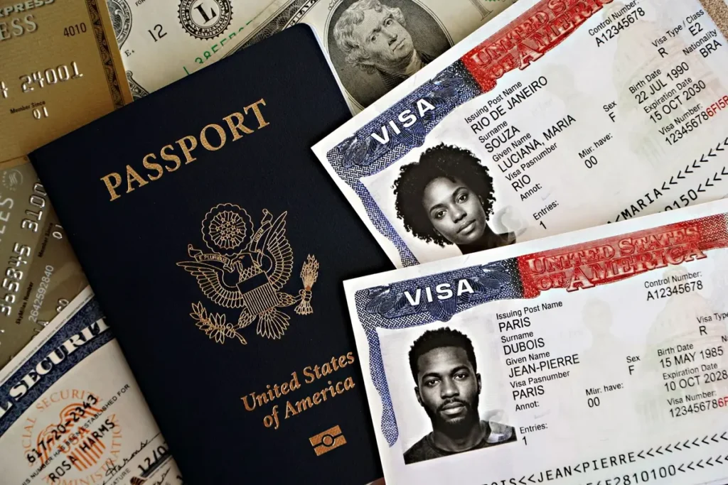 Pasaporte, visado y tarjetas sobre una mesa